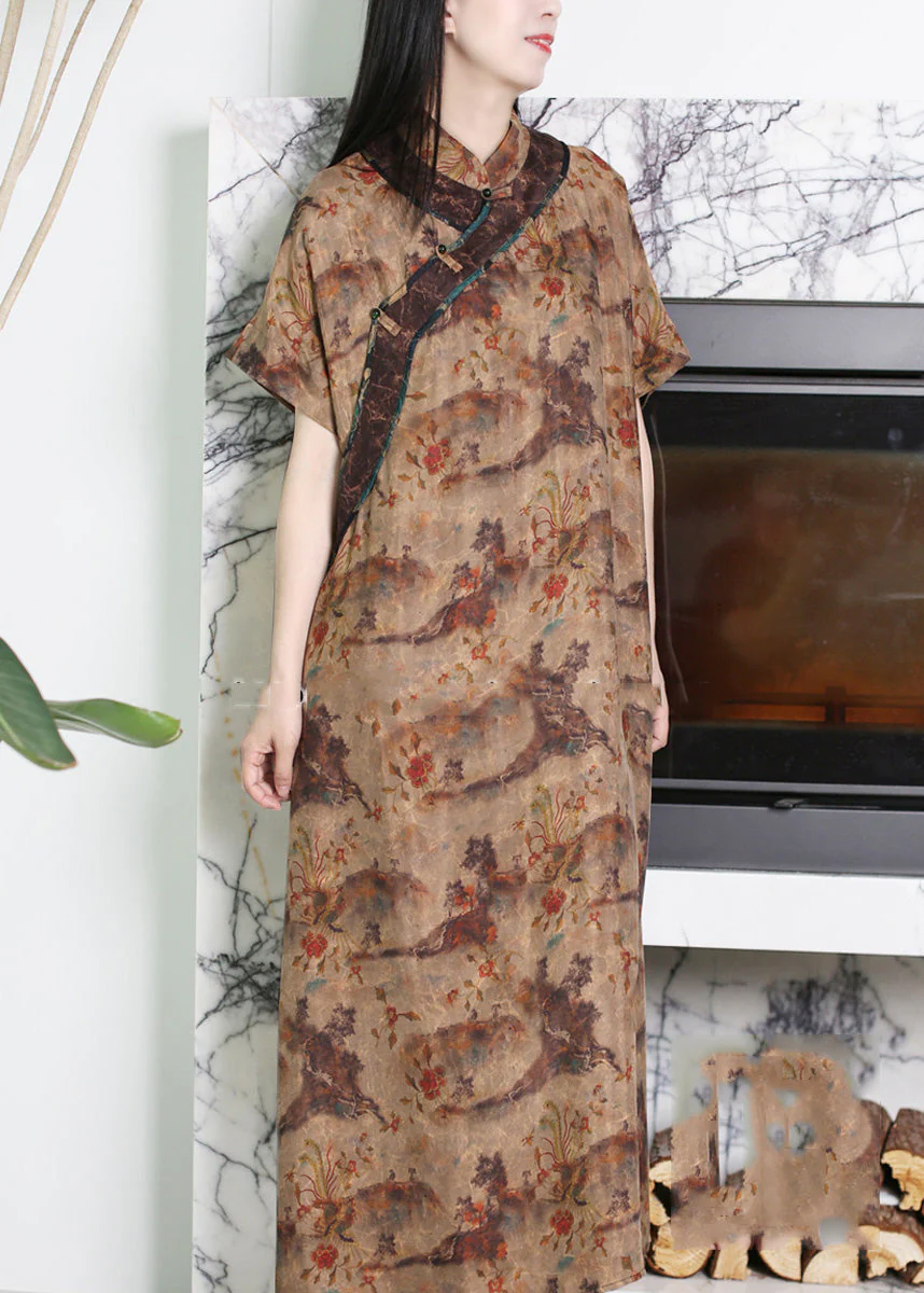 Novelty Coffee Stand Collar Print Button Silk Long Dress Short Sleeve - republicanstateiNovelty Coffee Stand Collar Print Button Silk Long Dress Short Sleeve - republicanstatei