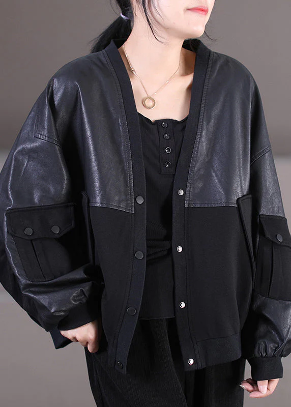 Italian Black V Neck Button Pockets Faux Leather Patchwork Knit Coat Long Sleeve - republicanstateiItalian Black V Neck Button Pockets Faux Leather Patchwork Knit Coat Long Sleeve - republicanstatei