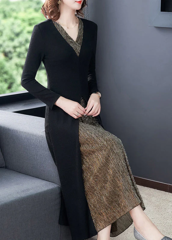 Slim Fit Black V Neck Patchwork Fake Two Pieces Maxi Dress Long Sleeve - republicanstateiSlim Fit Black V Neck Patchwork Fake Two Pieces Maxi Dress Long Sleeve - republicanstatei