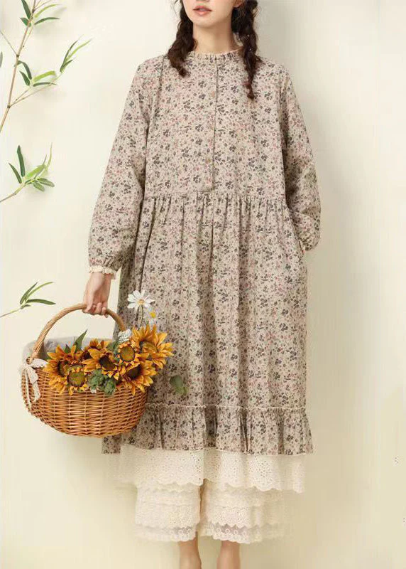 Beautiful Coffee Ruffled Print Pockets Patchwork Cotton Long Dresses Fall - republicanstateiBeautiful Coffee Ruffled Print Pockets Patchwork Cotton Long Dresses Fall - republicanstatei