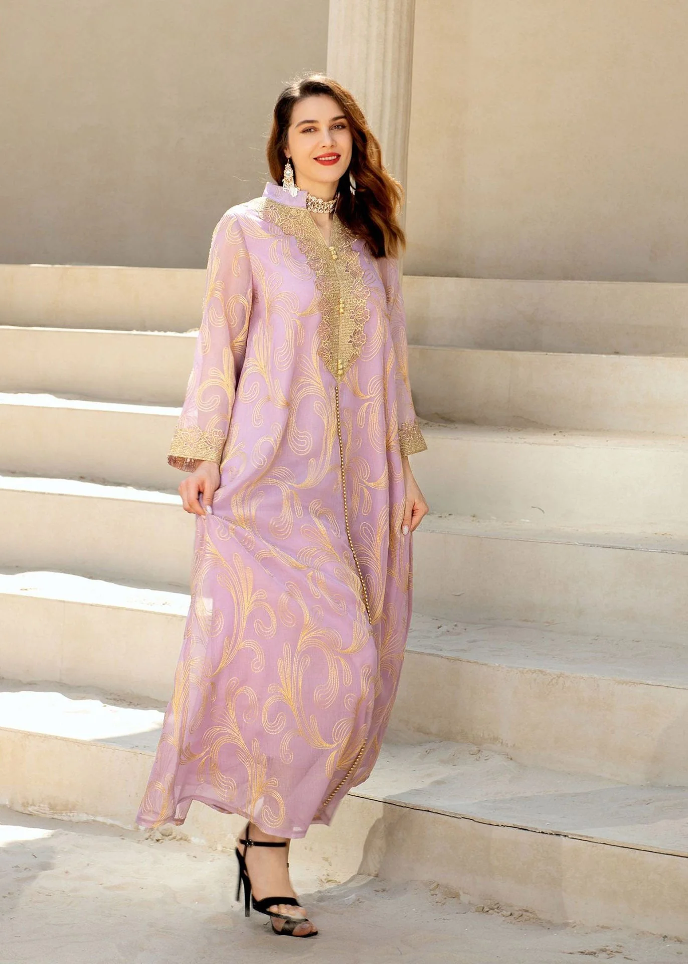 Fashion Light Purple Stand Collar Embroideried Floral Tulle Long Dress Fall - republicanstateiFashion Light Purple Stand Collar Embroideried Floral Tulle Long Dress Fall - republicanstatei