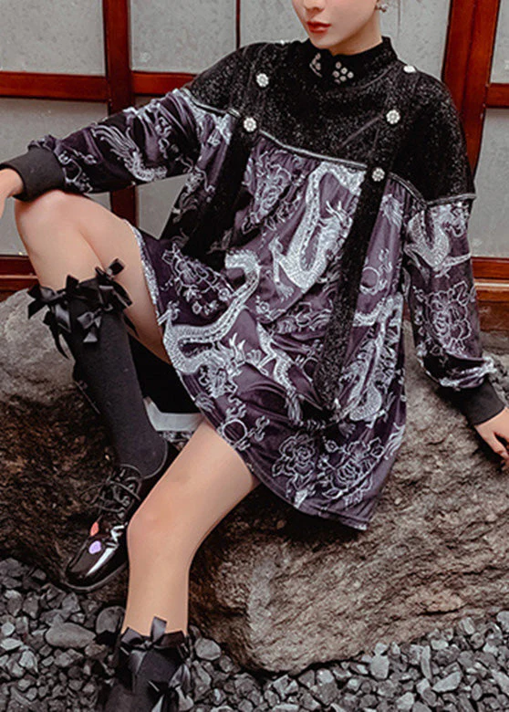 Retro Black Stand Collar Embroideried Patchwork Diamond Mid Dresses Spring - republicanstateiRetro Black Stand Collar Embroideried Patchwork Diamond Mid Dresses Spring - republicanstatei