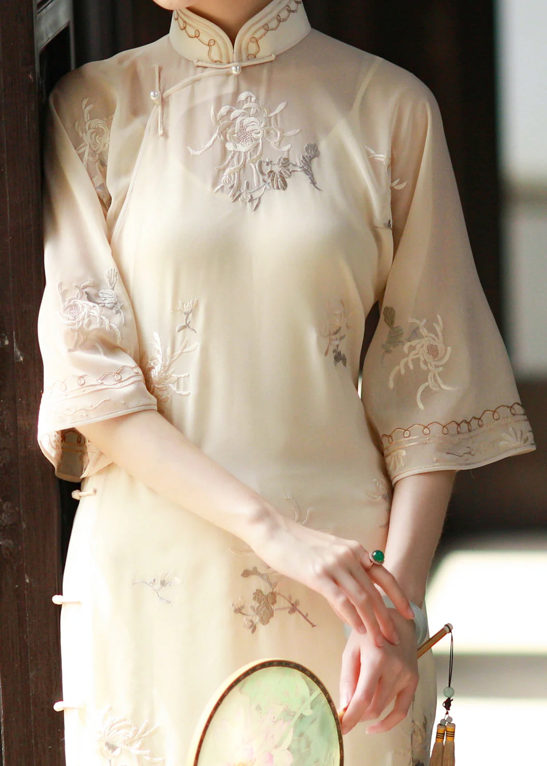 Chinese Style Beige Stand Collar Embroidered Patchwork Silk Dress Fall - republicanstateiChinese Style Beige Stand Collar Embroidered Patchwork Silk Dress Fall - republicanstatei