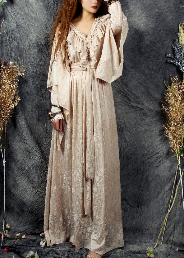 Stylish Beige V Neck Ruffles Patchwork Silk Velour Cinch Dress Spring - republicanstateiStylish Beige V Neck Ruffles Patchwork Silk Velour Cinch Dress Spring - republicanstatei