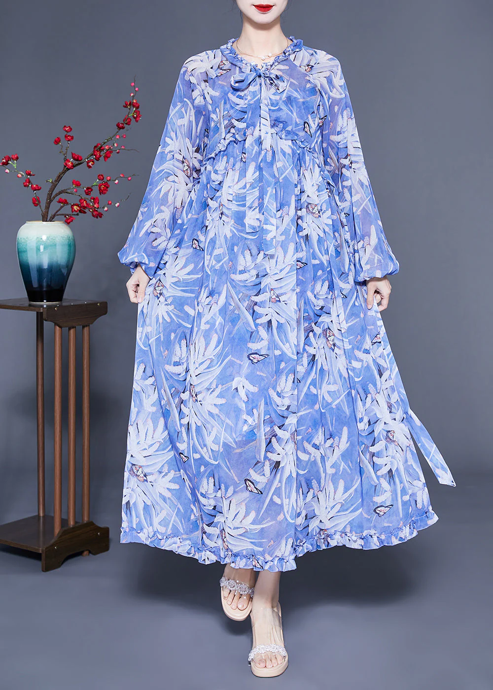Boho Blue Ruffled Print Exra Large Hem Silk Beach Dresses Lantern Sleeve - republicanstateiBoho Blue Ruffled Print Exra Large Hem Silk Beach Dresses Lantern Sleeve - republicanstatei