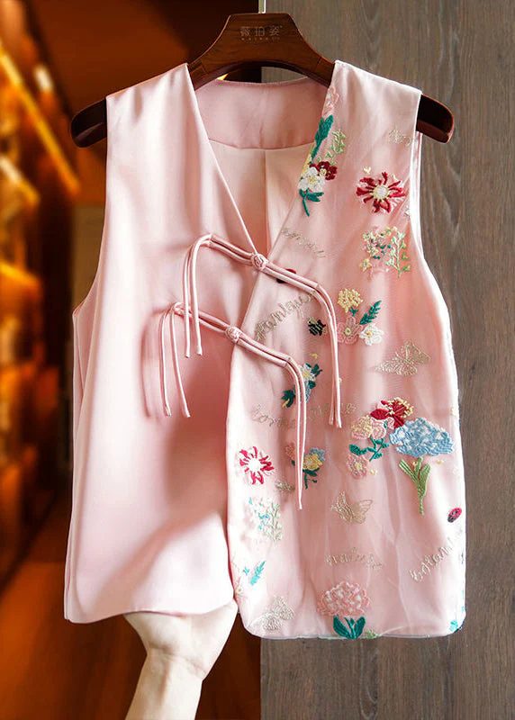 Women Apricot V Neck Embroideried Floral Button Patchwork Tulle Waistcoat Sleeveless - republicanstateiWomen Apricot V Neck Embroideried Floral Button Patchwork Tulle Waistcoat Sleeveless - republicanstatei