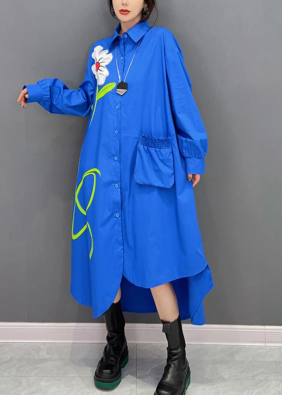 Fashion Blue Peter Pan Collar Asymmetrical Print Button Maxi Shirts Dress Long Sleeve - republicanstateiFashion Blue Peter Pan Collar Asymmetrical Print Button Maxi Shirts Dress Long Sleeve - republicanstatei
