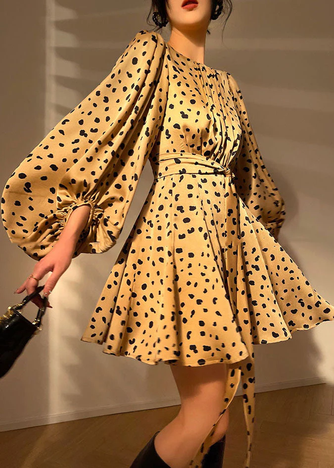 French Yellow O-Neck Leopard Print Draping Silk Party Mid Dress Lantern Sleeve - republicanstateiFrench Yellow O-Neck Leopard Print Draping Silk Party Mid Dress Lantern Sleeve - republicanstatei