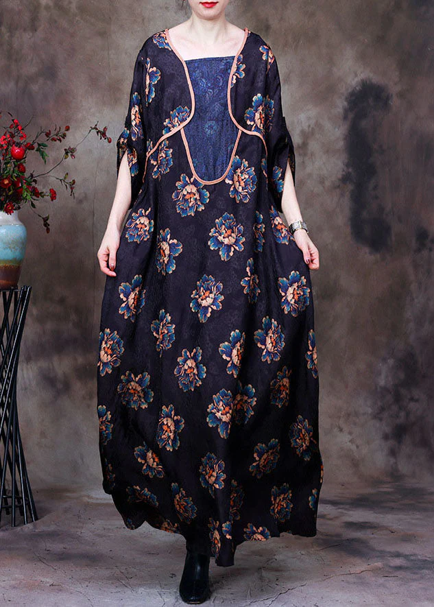 Vintage Navy Asymmetrical Patchwork Floral Print Silk Long Dress Long Sleeve - republicanstateiVintage Navy Asymmetrical Patchwork Floral Print Silk Long Dress Long Sleeve - republicanstatei