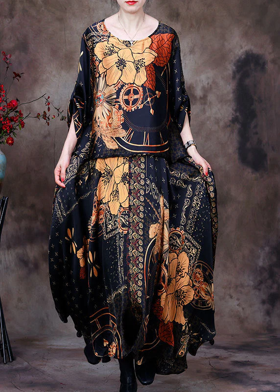 Vintage Yellow O-Neck Asymmetrical Print Fake Two Pieces Silk Maxi Dress Long Sleeve - republicanstateiVintage Yellow O-Neck Asymmetrical Print Fake Two Pieces Silk Maxi Dress Long Sleeve - republicanstatei