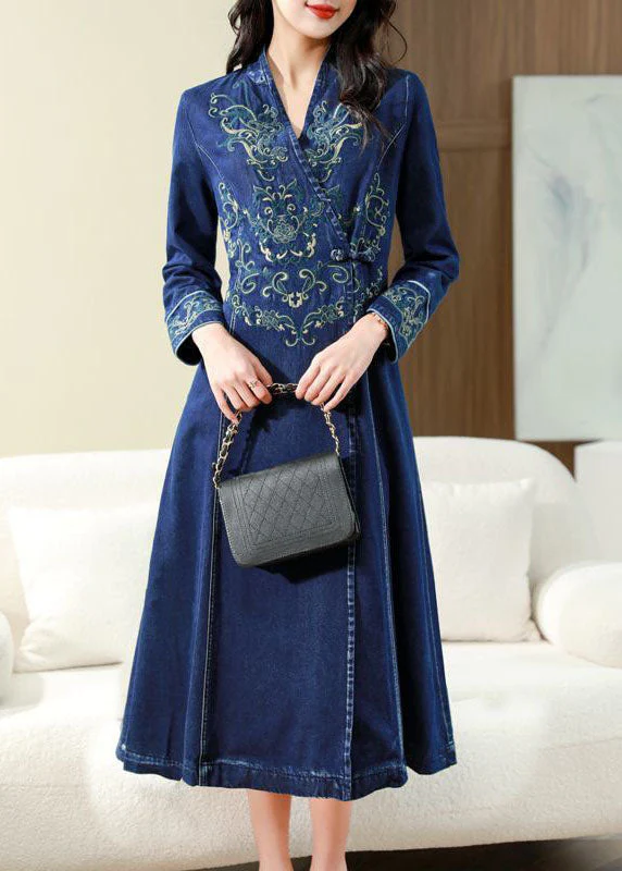 Slim Fit Blue Embroideried Chinese Button Exra Large Hem Denim Dress Spring - republicanstateiSlim Fit Blue Embroideried Chinese Button Exra Large Hem Denim Dress Spring - republicanstatei