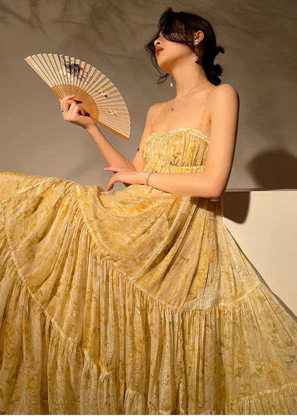 Modern Yellow Print Bustier Patchwork Exra Large Hem Silk Spaghetti Strap Dresses Sleeveless - republicanstateiModern Yellow Print Bustier Patchwork Exra Large Hem Silk Spaghetti Strap Dresses Sleeveless - republicanstatei