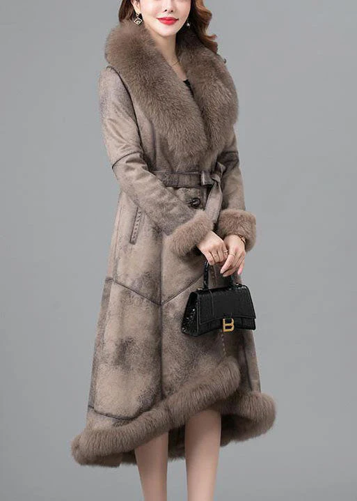 Women Khaki Fur collar Sashes Pockets Patchwork Leather And Fur Parkas In Winter - republicanstateiWomen Khaki Fur collar Sashes Pockets Patchwork Leather And Fur Parkas In Winter - republicanstatei