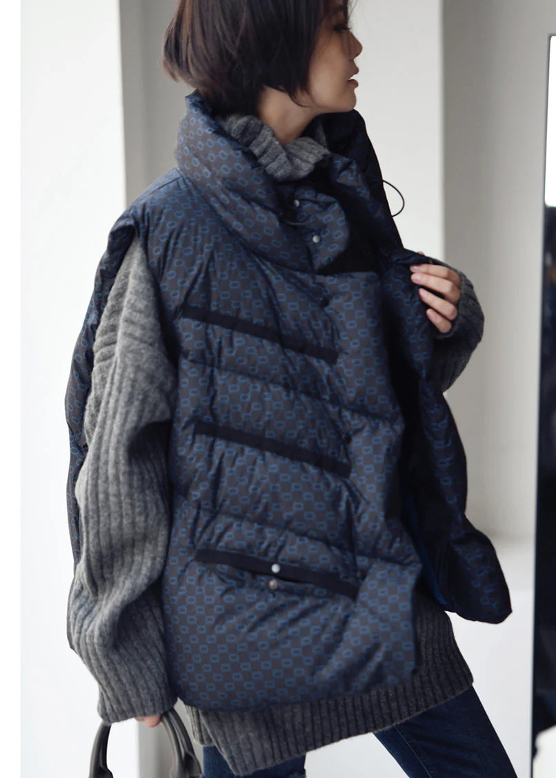 Chic Blue Stand Collar Drawstring Print Button Duck Down Filled Waistcoat Winter - republicanstateiChic Blue Stand Collar Drawstring Print Button Duck Down Filled Waistcoat Winter - republicanstatei
