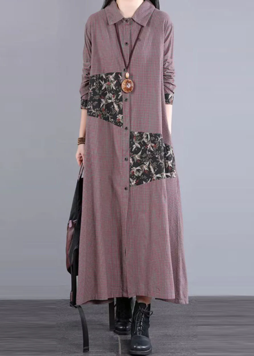 Coffee Plaid Pockets Patchwork Cotton Long Dress Peter Pan Collar Fall - republicanstateiCoffee Plaid Pockets Patchwork Cotton Long Dress Peter Pan Collar Fall - republicanstatei