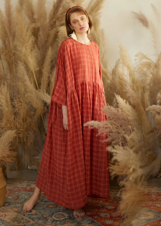 Plus Size Orange O Neck Plaid Wrinkled Patchwork Cotton Maxi Dresses Fall - republicanstateiPlus Size Orange O Neck Plaid Wrinkled Patchwork Cotton Maxi Dresses Fall - republicanstatei