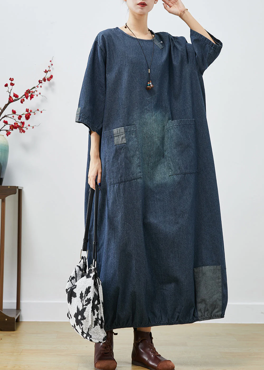 Italian Navy Oversized Patchwork Applique Cotton Vacation Dresses Bracelet Sleeve - republicanstateiItalian Navy Oversized Patchwork Applique Cotton Vacation Dresses Bracelet Sleeve - republicanstatei
