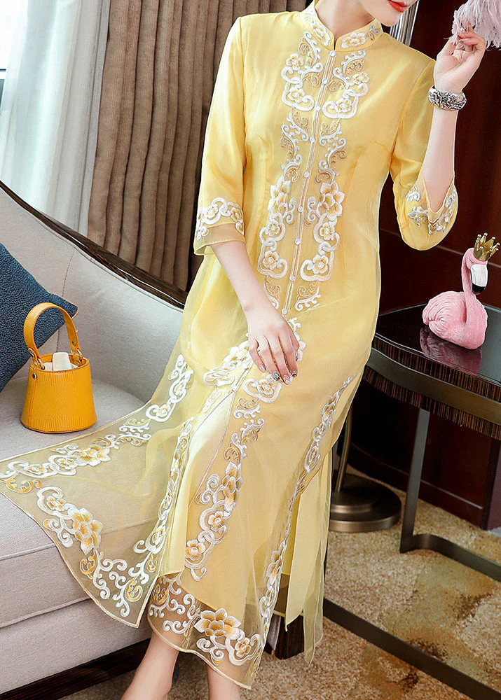 Vintage Yellow Stand Collar Embroideried Button Party Tulle Maxi Dress Long Sleeve - republicanstateiVintage Yellow Stand Collar Embroideried Button Party Tulle Maxi Dress Long Sleeve - republicanstatei