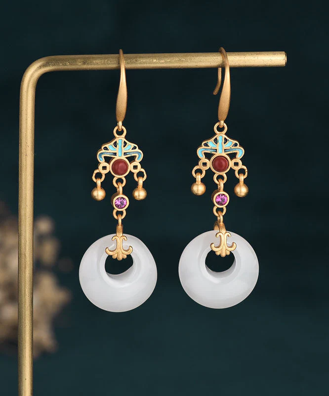 Boutique White Ancient Gold Enamel Cloisonne Jade Ping Buckle Drop Earrings - republicanstateiBoutique White Ancient Gold Enamel Cloisonne Jade Ping Buckle Drop Earrings - republicanstatei