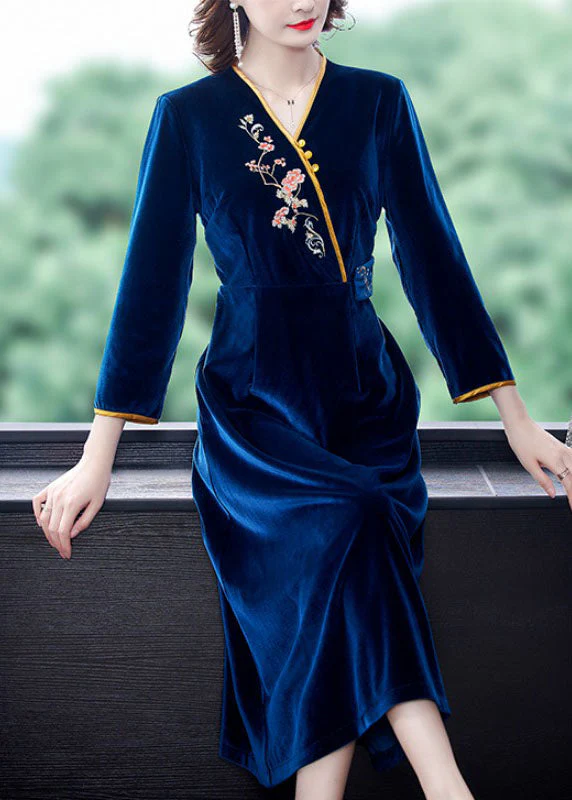 Vintage Dark Blue V Neck Embroidered Floral Silk Velour Holiday Dress Long Sleeve - republicanstateiVintage Dark Blue V Neck Embroidered Floral Silk Velour Holiday Dress Long Sleeve - republicanstatei