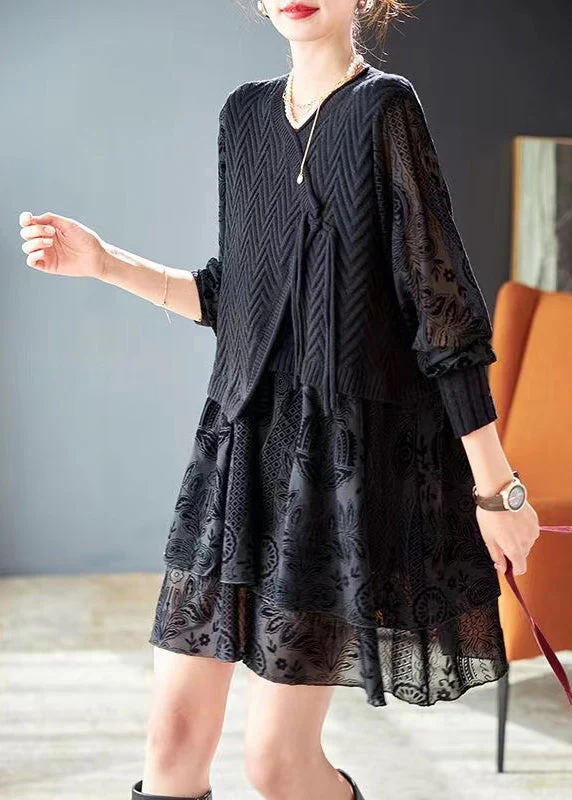 Italian Black Jacquard Patchwork False Two Pieces Knit Short Dress Spring - republicanstateiItalian Black Jacquard Patchwork False Two Pieces Knit Short Dress Spring - republicanstatei