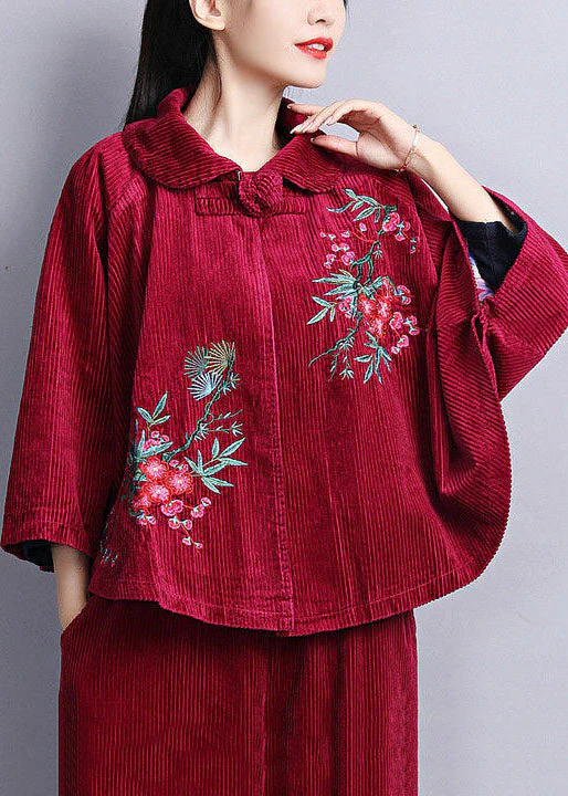 Chic Mulberry Peter Pan Collar Embroideried Corduroy Coats Cloak Sleeves - republicanstateiChic Mulberry Peter Pan Collar Embroideried Corduroy Coats Cloak Sleeves - republicanstatei