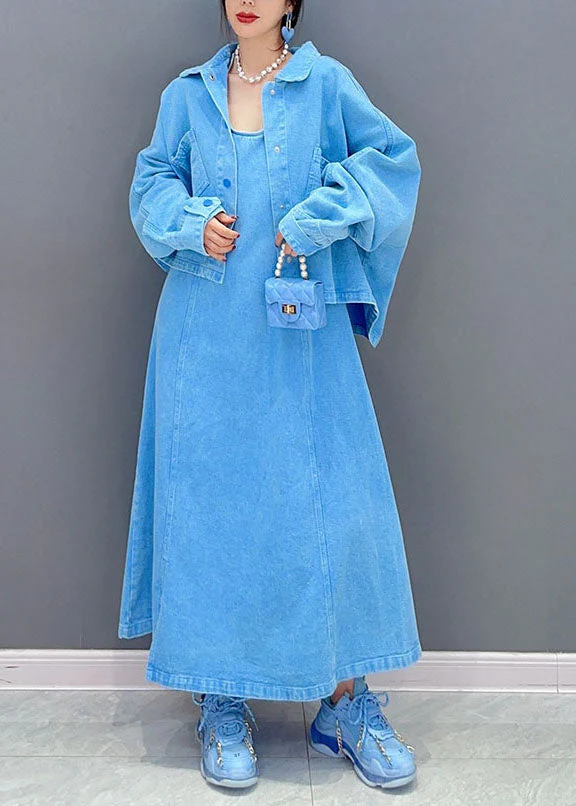 Art Blue Peter Pan Collar Patchwork Coat And Dress Denim Two Pieces Set Spring - republicanstateiArt Blue Peter Pan Collar Patchwork Coat And Dress Denim Two Pieces Set Spring - republicanstatei