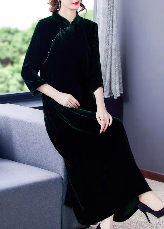 Chinese Style Blackish Green Stand Collar Patchwork Silk Velour Dress Fall - republicanstateiChinese Style Blackish Green Stand Collar Patchwork Silk Velour Dress Fall - republicanstatei