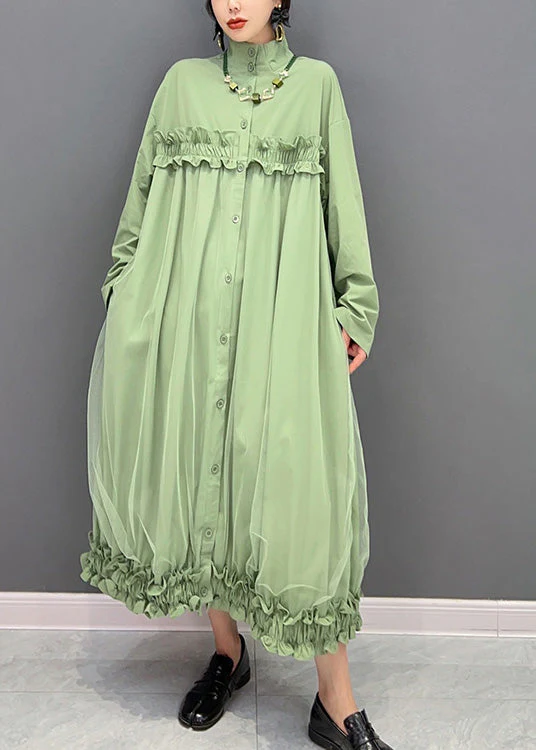 Elegant Green Stand Collar Ruffled Tulle Patchwork Button Maxi Dress Winter - republicanstateiElegant Green Stand Collar Ruffled Tulle Patchwork Button Maxi Dress Winter - republicanstatei