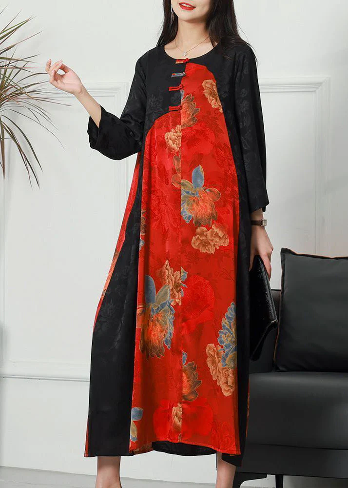 Women Colorblock O-Neck Patchwork Chinese Button Jacquard Silk Long Dress Spring - republicanstateiWomen Colorblock O-Neck Patchwork Chinese Button Jacquard Silk Long Dress Spring - republicanstatei