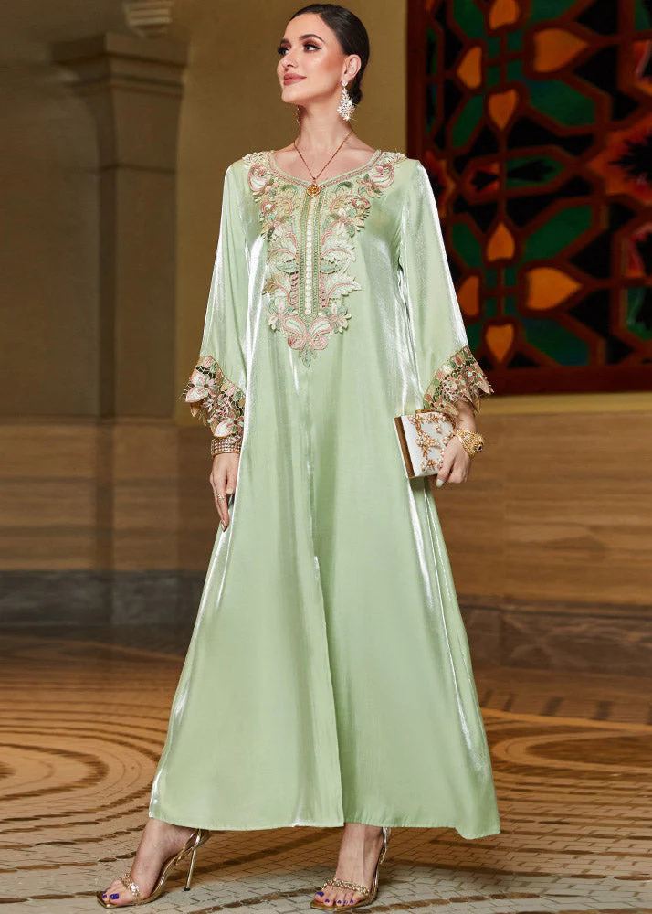 Fitted Light Green O-Neck Embroideried Lace Patchwork Silk Long Dress Fall - republicanstateiFitted Light Green O-Neck Embroideried Lace Patchwork Silk Long Dress Fall - republicanstatei