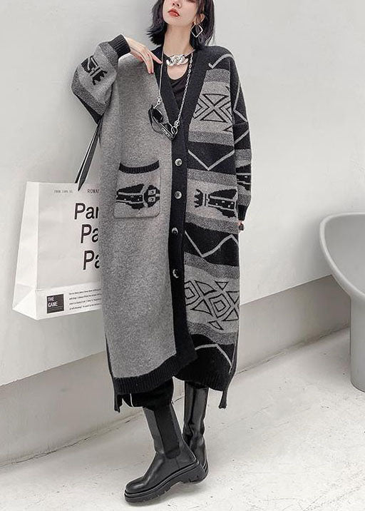 Stylish Grey V Neck Asymmetrical Design Print Knit Lazy Long Coats Long Sleeve - republicanstateiStylish Grey V Neck Asymmetrical Design Print Knit Lazy Long Coats Long Sleeve - republicanstatei