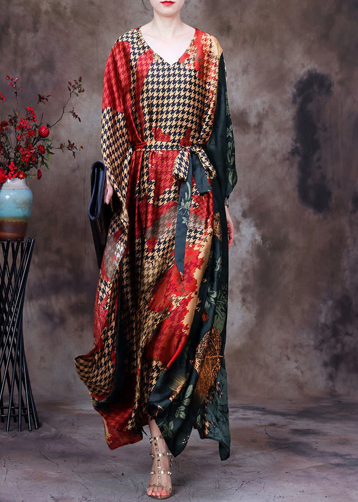 Organic Red Yellow Colour Patchwork V Neck Print Tie Waist Silk Vacation Dresses Batwing Sleeve - republicanstateiOrganic Red Yellow Colour Patchwork V Neck Print Tie Waist Silk Vacation Dresses Batwing Sleeve - republicanstatei
