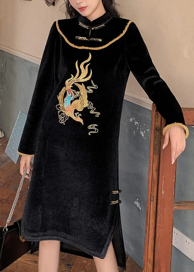 Dinner Black Stand Collar Embroideried Side Open Low High Design Button Velour Vacation Long Dresses Spring - republicanstateiDinner Black Stand Collar Embroideried Side Open Low High Design Button Velour Vacation Long Dresses Spring - republicanstatei