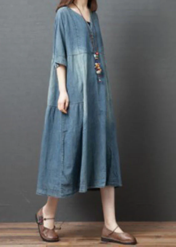 Handmade Blue V Neck Button Patchwork Fall Denim Half Sleeve Maxi Dress - republicanstateiHandmade Blue V Neck Button Patchwork Fall Denim Half Sleeve Maxi Dress - republicanstatei