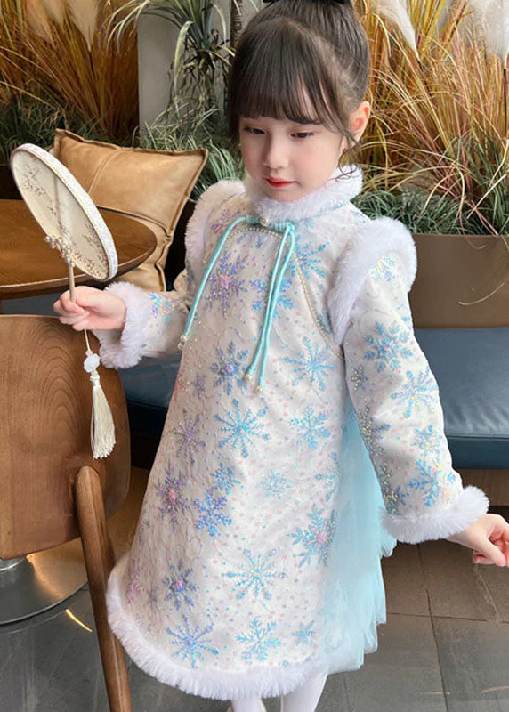 Cute Blue Fur Collar Bow Tulle Patchwork Warm Fleece Girls Long Dress Winter - republicanstateiCute Blue Fur Collar Bow Tulle Patchwork Warm Fleece Girls Long Dress Winter - republicanstatei