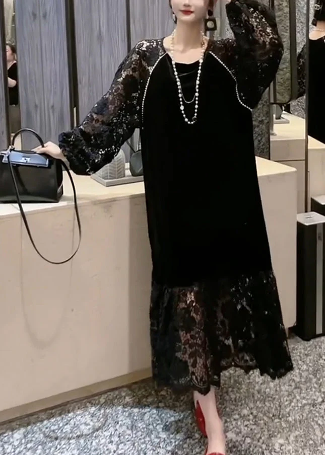 French Black O-Neck Patchwork Hollow Out Lace Holiday Long Dress Long Sleeve - republicanstateiFrench Black O-Neck Patchwork Hollow Out Lace Holiday Long Dress Long Sleeve - republicanstatei