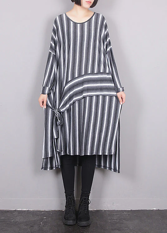 Plus Size Grey O-Neck Asymmetrical Striped Side Open Tie Waist Maxi Dress Fall - republicanstateiPlus Size Grey O-Neck Asymmetrical Striped Side Open Tie Waist Maxi Dress Fall - republicanstatei