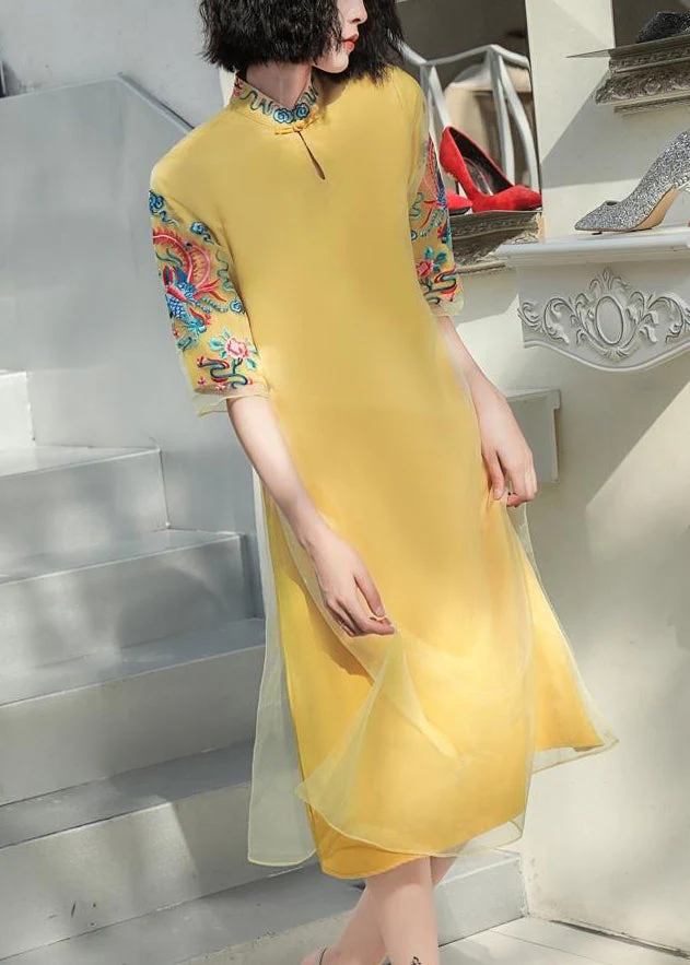 DIY Yellow Stand Collar Embroideried Button Tulle Silk Dress Long Sleeve - republicanstateiDIY Yellow Stand Collar Embroideried Button Tulle Silk Dress Long Sleeve - republicanstatei