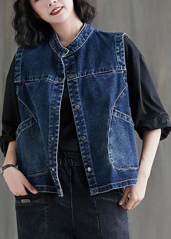 Loose Black Grey Colour O-Neck Patchwork Button Pockets Denim Waistcoat Sleeveless - republicanstateiLoose Black Grey Colour O-Neck Patchwork Button Pockets Denim Waistcoat Sleeveless - republicanstatei