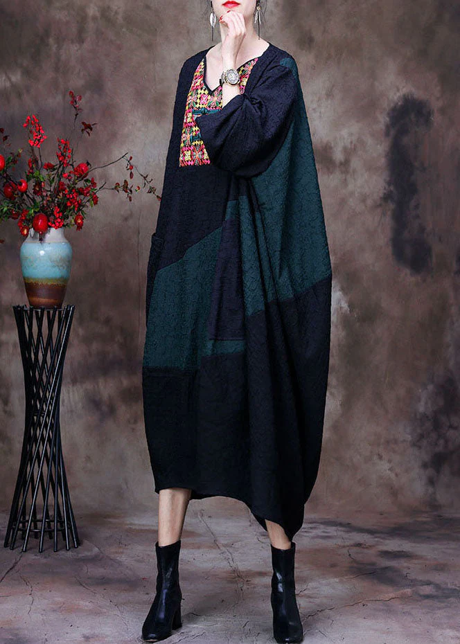 Plus Size Black V Neck Embroideried Patchwork Wrinkled Silk Dresses Long Sleeve - republicanstateiPlus Size Black V Neck Embroideried Patchwork Wrinkled Silk Dresses Long Sleeve - republicanstatei