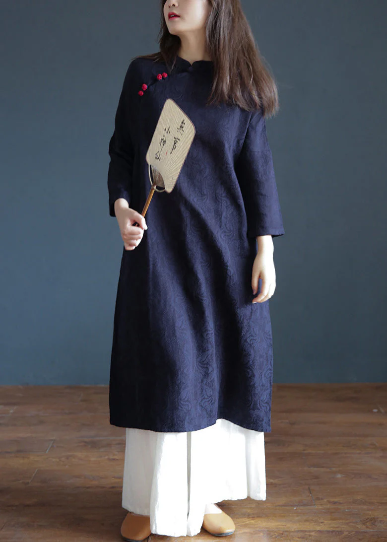 Jacquard Navy Blue Stand Collar Embroideried Floral Button Maxi Dresses Spring - republicanstateiJacquard Navy Blue Stand Collar Embroideried Floral Button Maxi Dresses Spring - republicanstatei