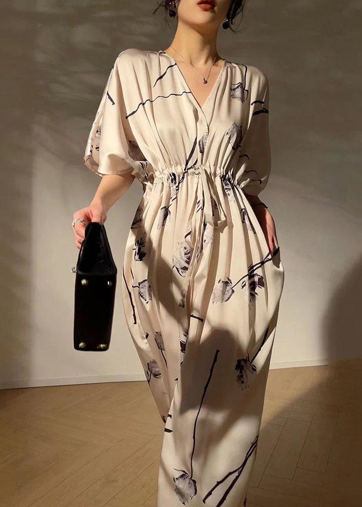 Bohemian Apricot V Neck Ink Print Drawstring Silk Cinch Dresses Summer - republicanstateiBohemian Apricot V Neck Ink Print Drawstring Silk Cinch Dresses Summer - republicanstatei