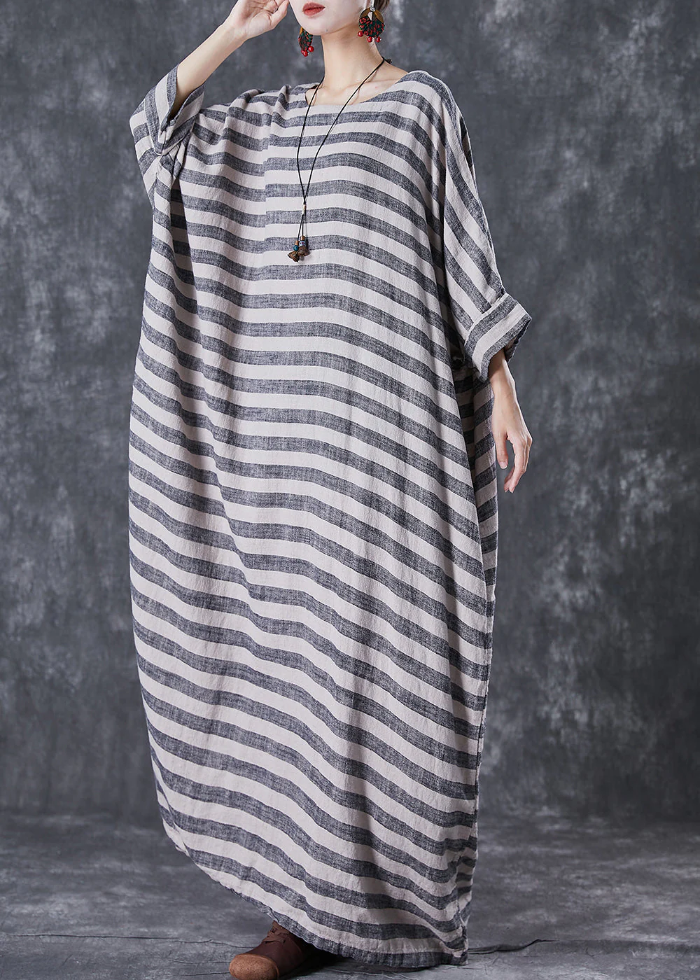 Plus Size Grey Oversized Striped Linen Ankle Dress Gown Batwing Sleeve - republicanstateiPlus Size Grey Oversized Striped Linen Ankle Dress Gown Batwing Sleeve - republicanstatei