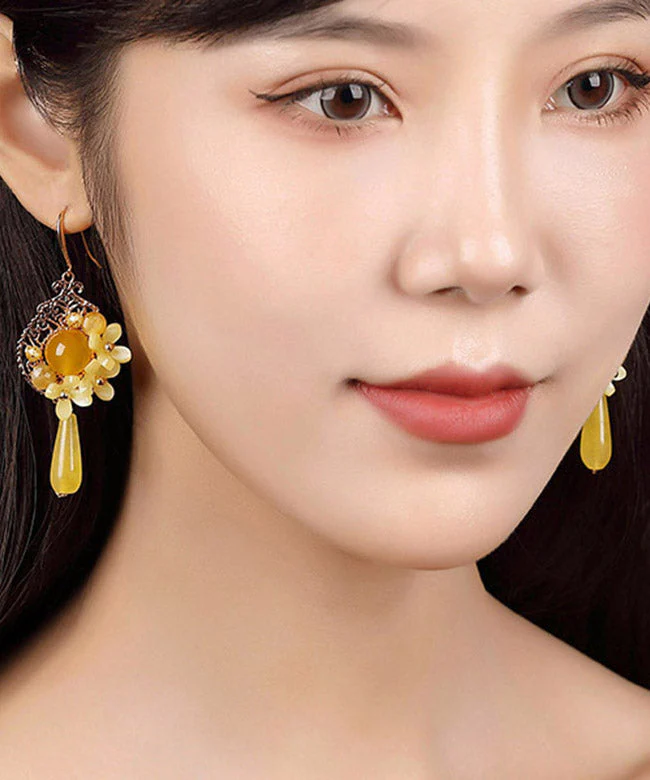 Unique Yellow Jade Sterling Silver Yellow Agate Floral Drop Earrings - republicanstateiUnique Yellow Jade Sterling Silver Yellow Agate Floral Drop Earrings - republicanstatei