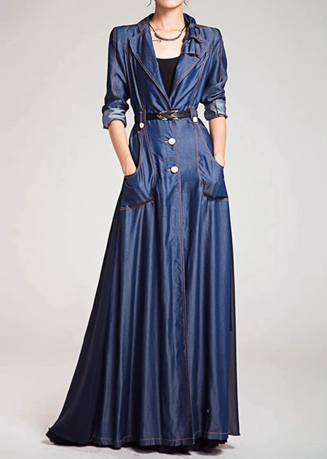 French Navy Peter Pan Collar Patchwork Tie Waist Denim Dress Long Sleeve - republicanstateiFrench Navy Peter Pan Collar Patchwork Tie Waist Denim Dress Long Sleeve - republicanstatei