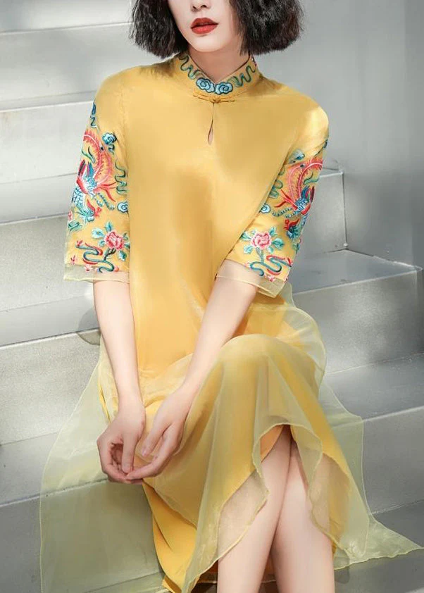 DIY Yellow Stand Collar Embroideried Button Tulle Silk Dress Long Sleeve - republicanstateiDIY Yellow Stand Collar Embroideried Button Tulle Silk Dress Long Sleeve - republicanstatei