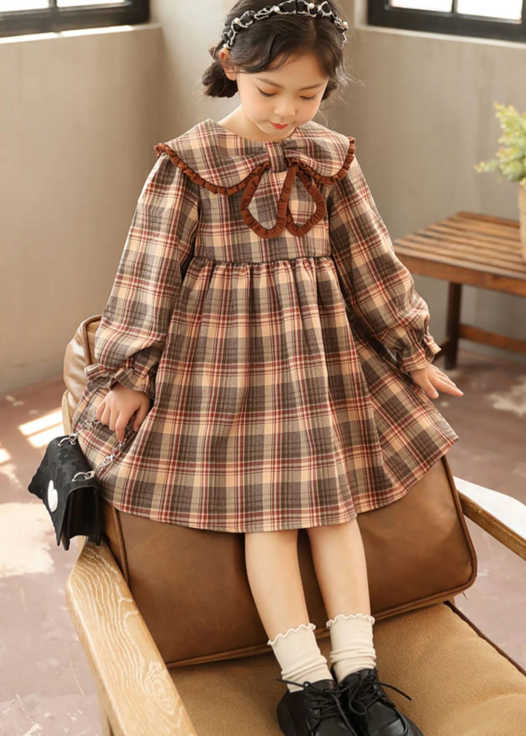 Beautiful Coffee Peter Pan Collar Plaid Patchwork Cotton Kids Girls Dresses Fall - republicanstateiBeautiful Coffee Peter Pan Collar Plaid Patchwork Cotton Kids Girls Dresses Fall - republicanstatei