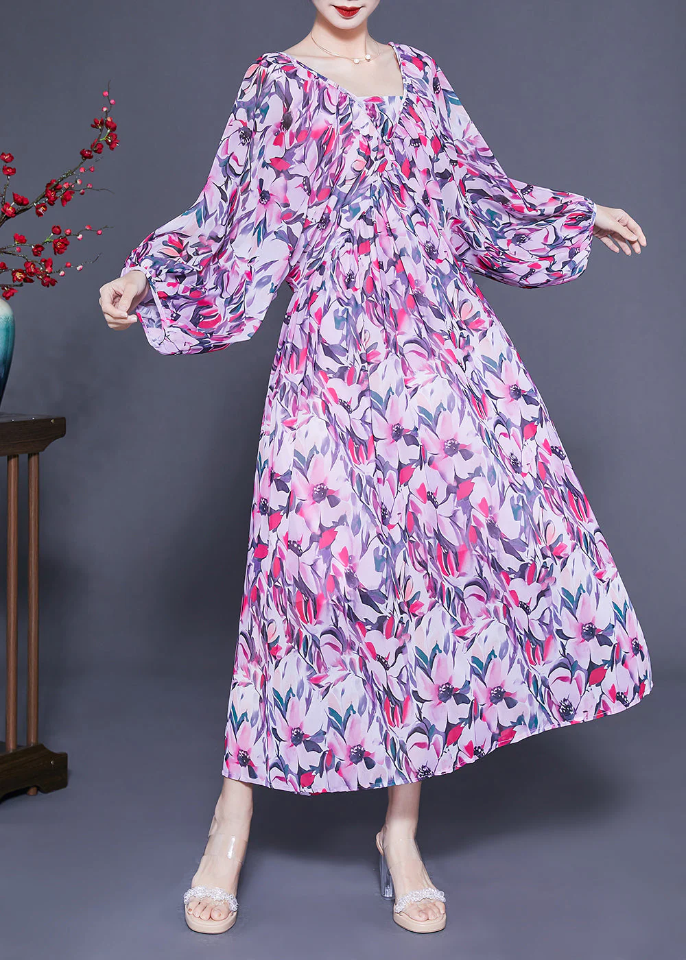Art Purple Oversized Backless Print Chiffon Ankle Dress Lantern Sleeve - republicanstateiArt Purple Oversized Backless Print Chiffon Ankle Dress Lantern Sleeve - republicanstatei