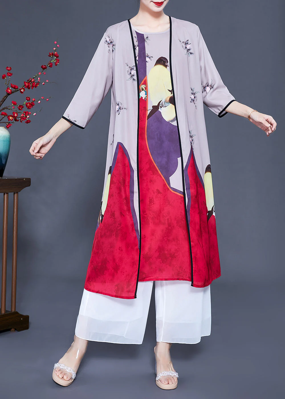 Unique Colorblock Oversized Print Silk Cardigans Two Pieces Set Spring - republicanstateiUnique Colorblock Oversized Print Silk Cardigans Two Pieces Set Spring - republicanstatei